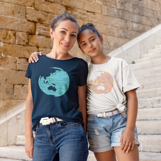 The Geo Kid 197 globe tshirts with mum and daughter