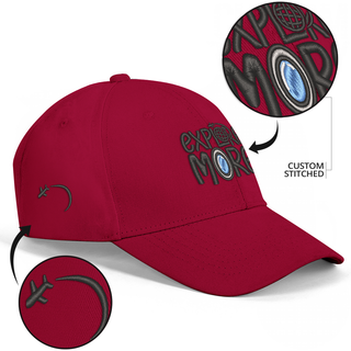 Red Explore More embroidered cap only available from The Geo Kid. One size fits most.