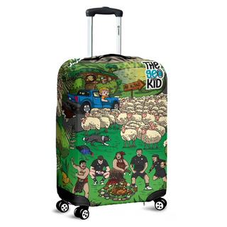 Geo in New Zealand luggage cover with green hills and Māori design