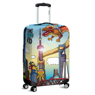Shanghai luggage cover with Geo flying on a Chinese dragon