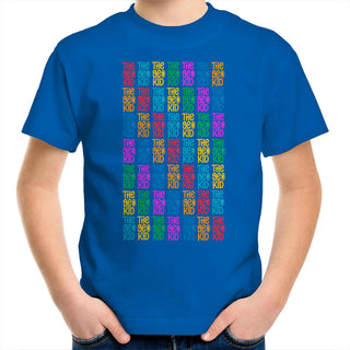 A bright blue tshirt with a custom mosaic print of The Geo Kid logo in multi colour
